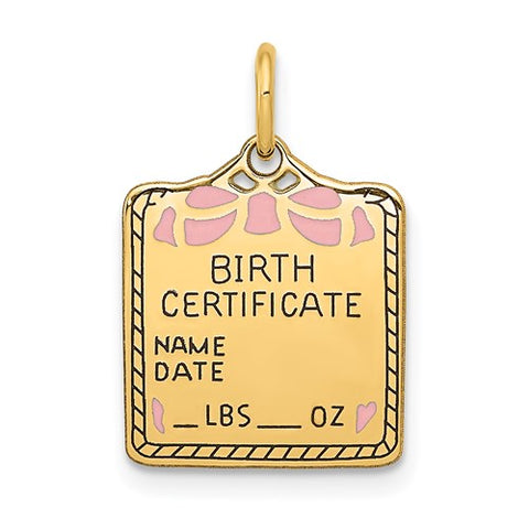 14K Yellow Gold Birth Certificate Necklace Charm - Cailin's