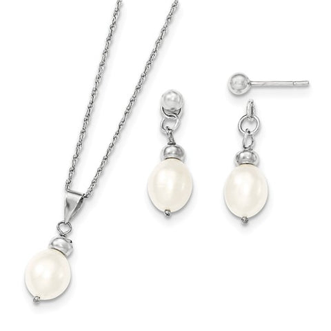 925 Sterling Silver White Culture Pearl Necklace Charm with Earrings - Cailin's