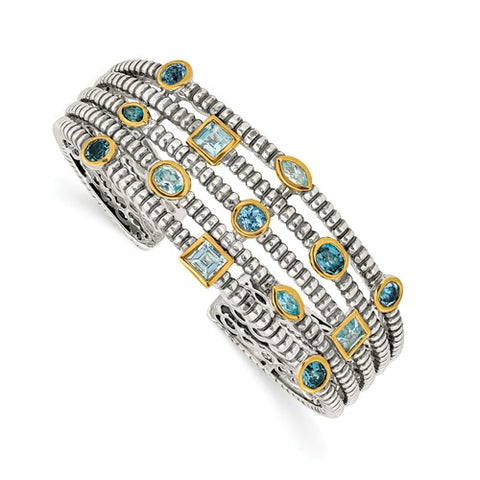 925 Sterling Silver 3CT Swiss Blue Topaz Antique Cuff Bracelet - Cailin's