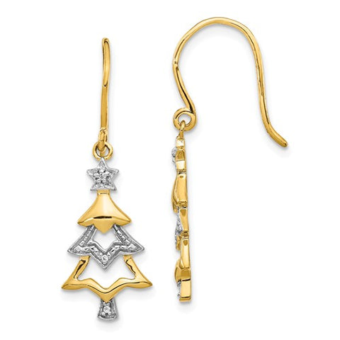 14K Two Tone Gold Christmas Tree French Wire diamond Earrings - Cailin's