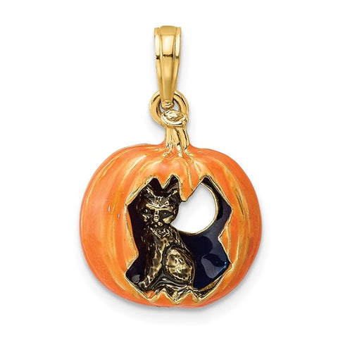 14K Yellow Gold Black Cat Moon Halloween Pumpkin Necklace Charm