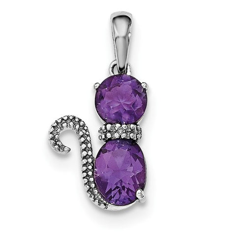 925 Sterling Silver Amethyst diamond Accent Cat Necklace Charm - Cailin's