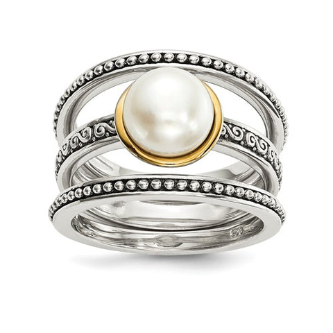 Two Tone Antique Freshwater Pearl Three Piece Ring Set - Cailin's