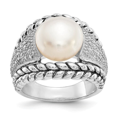 925 Sterling Silver Freshwater White Pearl Pavé diamond Ring - Cailin's