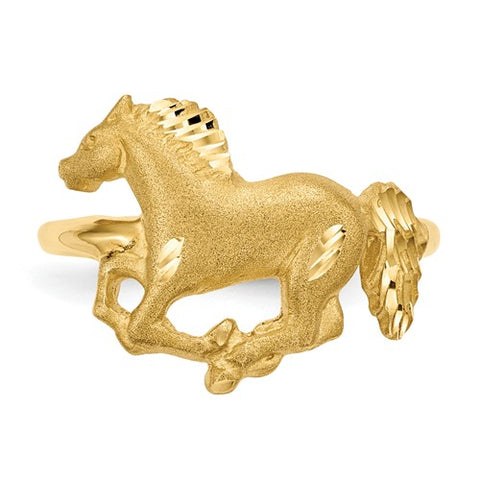 14K Yellow Gold diamond Cut Satin Finish Horse Ring - Cailin's